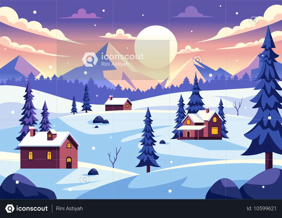 Snowy village with snowy mountain view  Illustration