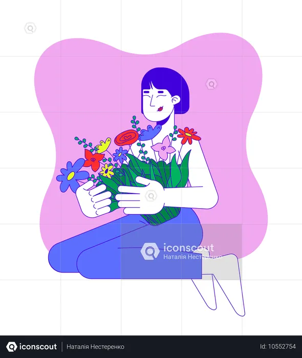 Mulher asiática sobrevivente de câncer de mama abraçando flores  Ilustração