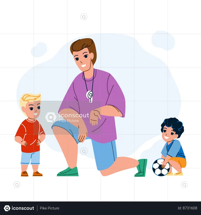 Soccer Coach is Training Children On Stadium  Illustration