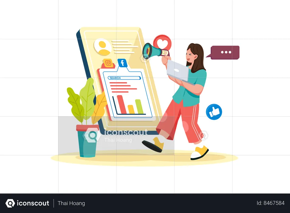 Social media marketer integrating SEO into posts  Illustration