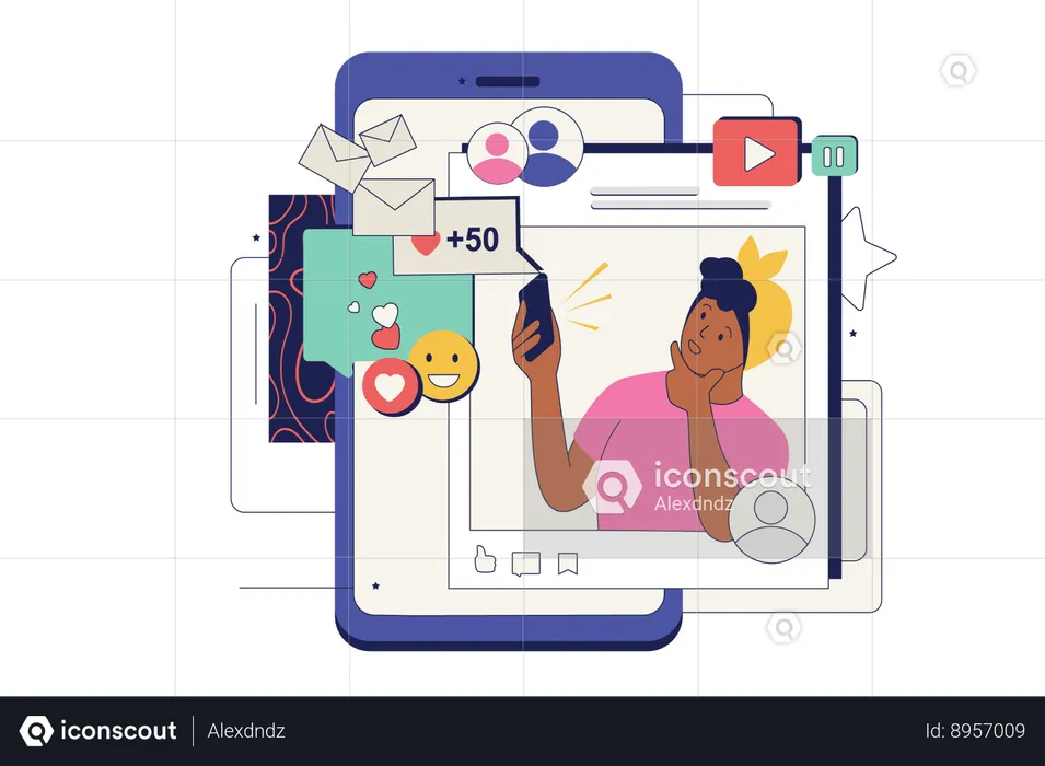 Social networking concept in flat neo brutalism design for web. Woman browsing and chatting in app, reacting with emoji on new posts.  Illustration