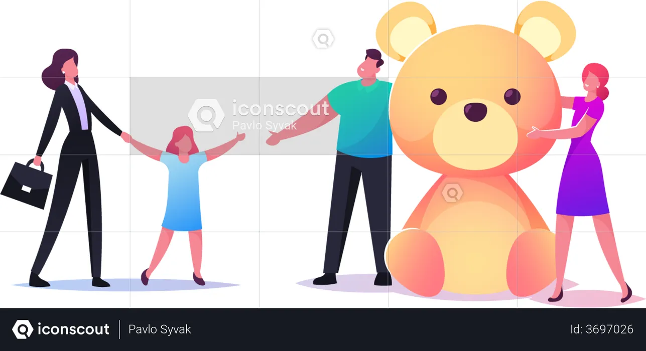 Social Worker Bringing Orphan Child to New Parents with Huge Soft Bear Gift  Illustration