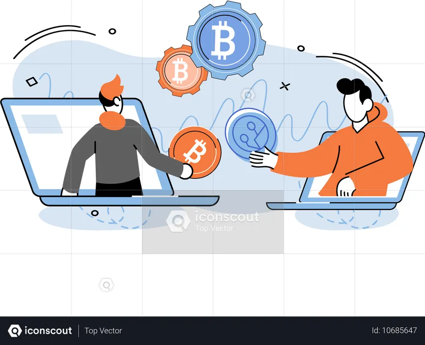 Socios que intercambian monedas de dinero bitcoin  Ilustración