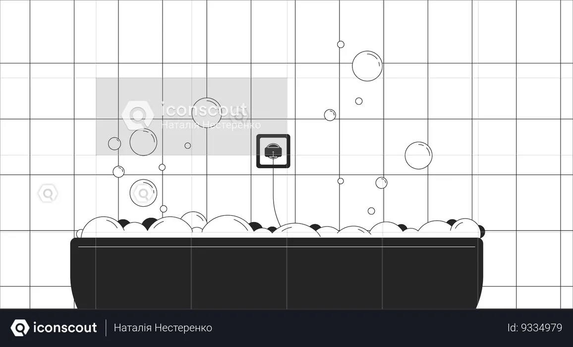 Socket over bathtub full of foamy water black and white line illustration  Illustration