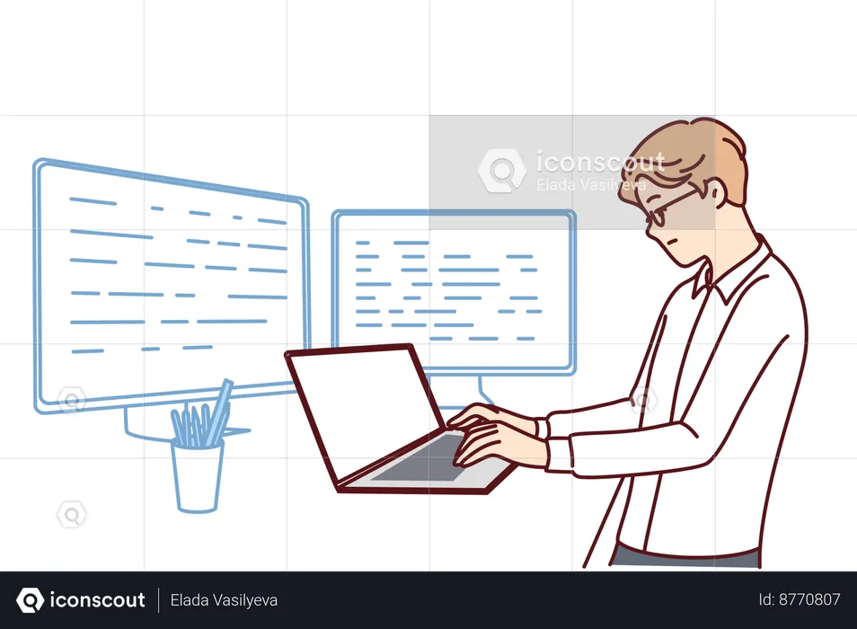 Software developer is checking up his website  Illustration