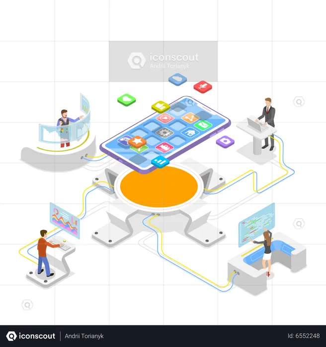 Software developer team working on mobile app development  Illustration
