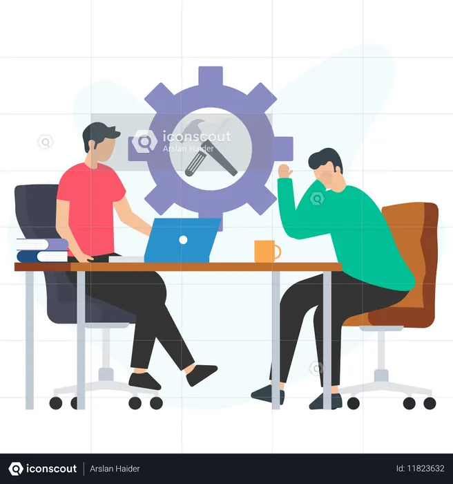 Software developers facing a bug, finding a solution during a meeting  Illustration