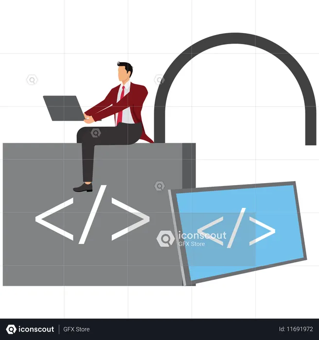 Software engineer sitting on unlocked padlock with coding symbol  Illustration