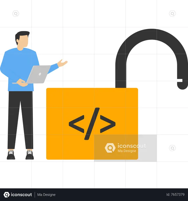 Software programmer working on unlock key with coding  Illustration