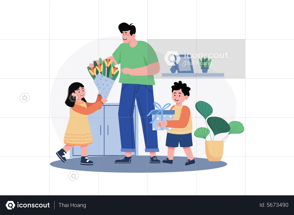 Sohn und Tochter geben dem Vater am Vatertag Geschenke und Blumen  Illustration