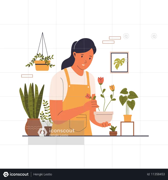 Entretien des plantes d'intérieur par une femme  Illustration