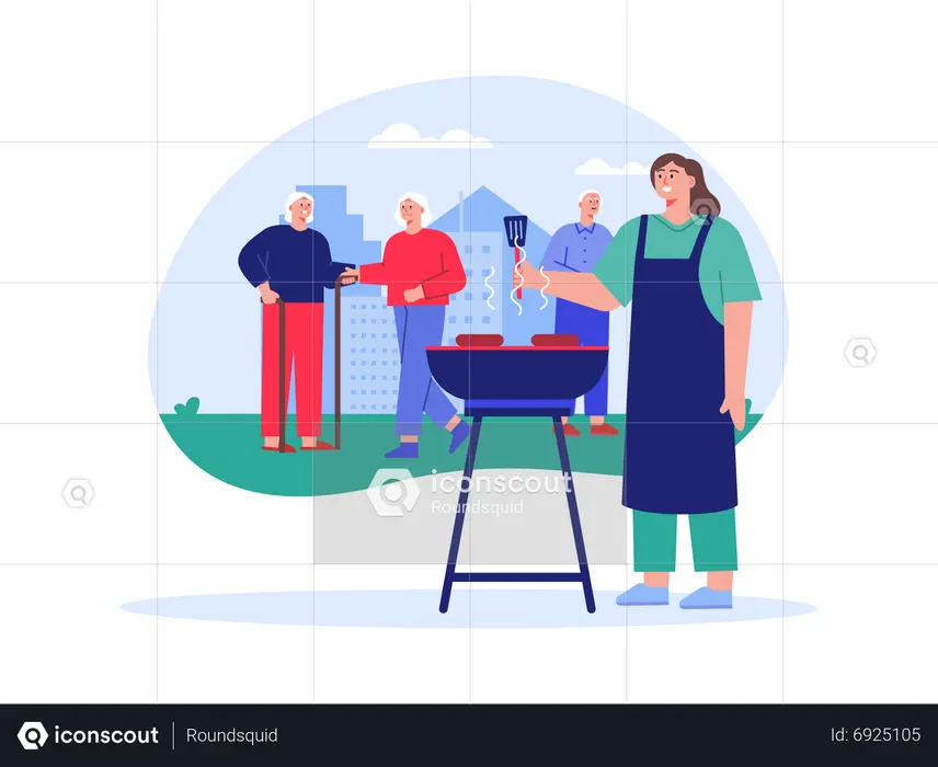 Soirée barbecue dans une maison de retraite  Illustration
