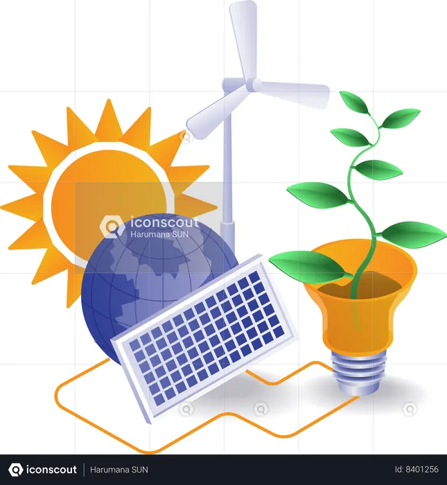 Solar energy and wind energy is used in planting trees  Illustration