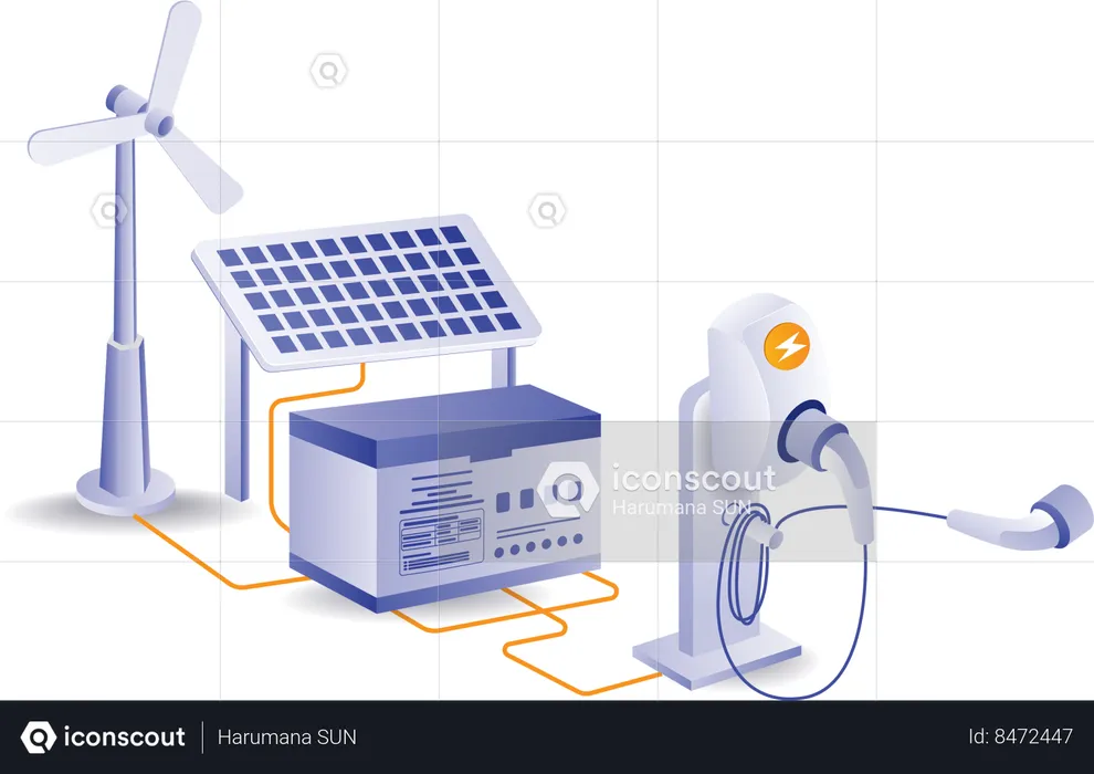 Solar panel energy storage battery with electric car charger technology  Illustration
