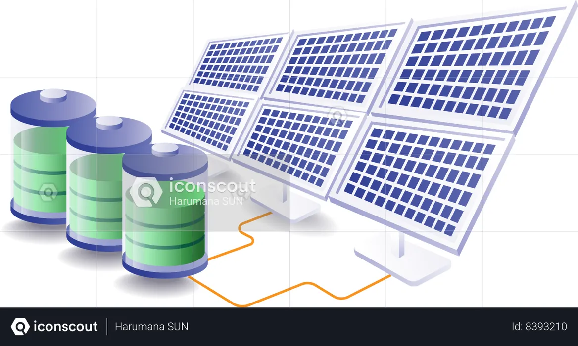 Solar panel stores energy in batteries  Illustration