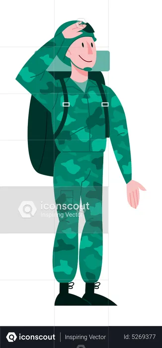 Soldado masculino de pie con uniforme verde  Ilustración