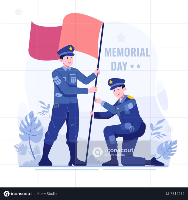 Soldados segurando bandeiras orgulhosamente no Memorial Day  Ilustração