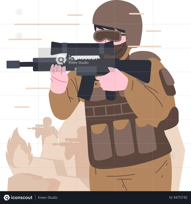 Soldat portant une arme à feu et marchant vers l'ennemi  Illustration