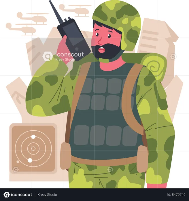 Soldier talking on walkie talkie  Illustration