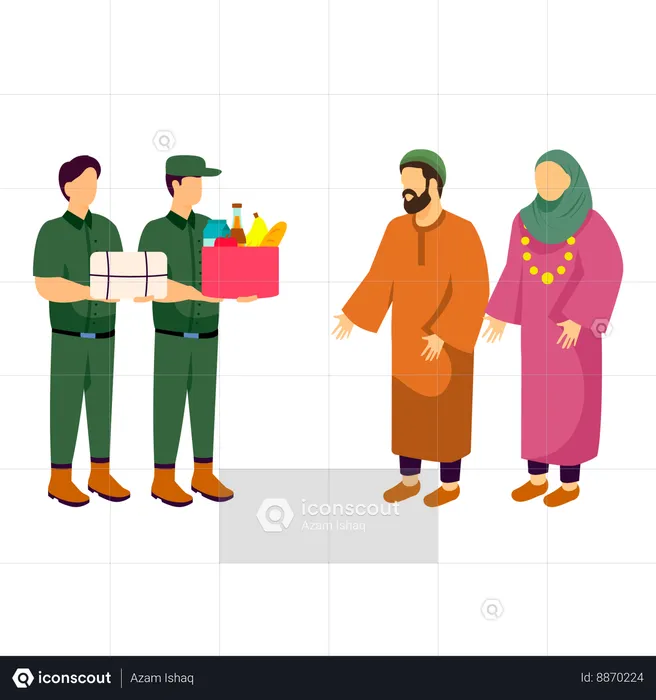 Soldiers giving food bucket to kashmiri couple  Illustration