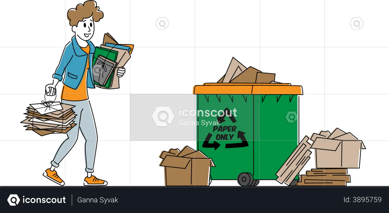 Solution de réutilisation des déchets. Personnage féminin jetant des déchets de papier dans un conteneur de poubelle avec panneau de recyclage. Protection de l'écologie, femme écologiste militante pour résoudre le problème de la pollution de la terre. Ill  Illustration