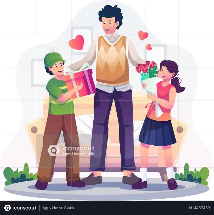 Son and daughter are giving gifts and flowers to  Father on Father's Day  Illustration
