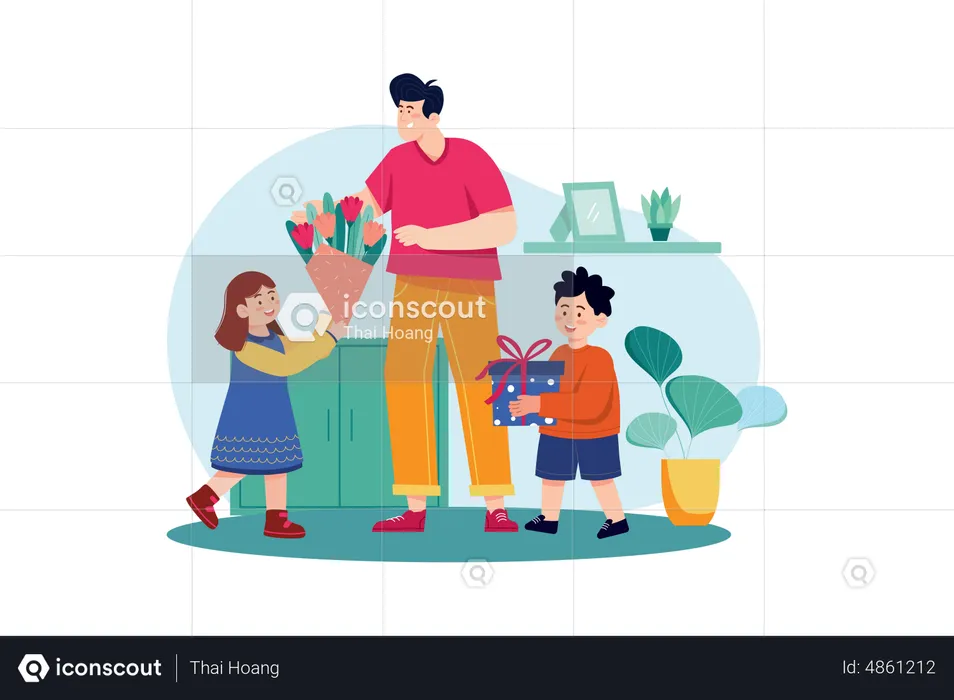 Son and daughter are giving gifts and flowers to father on fathers day  Illustration
