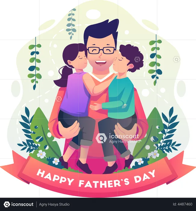 Son and daughter kiss their happy father's cheeks from both sides  Illustration