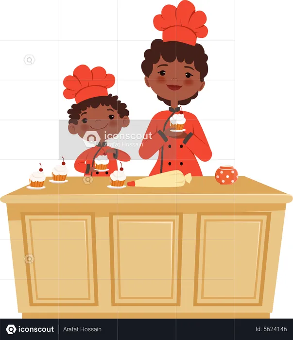Son baking cake with mother  Illustration