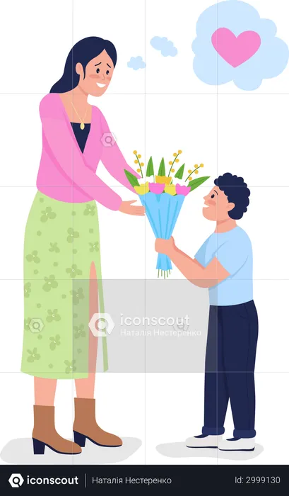 Son giving flowers to his mom  Illustration