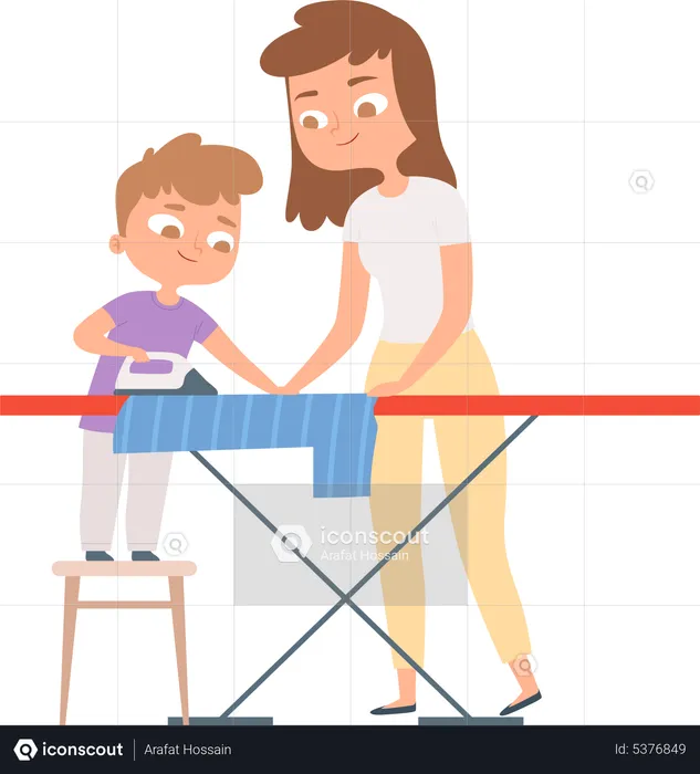 Son helping mother to ironing  Illustration
