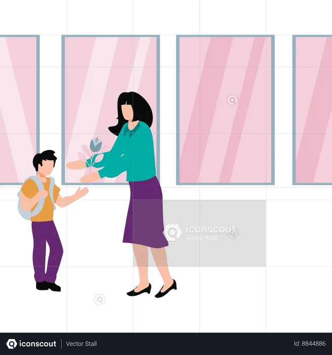 Son is giving rose to his mother  Illustration