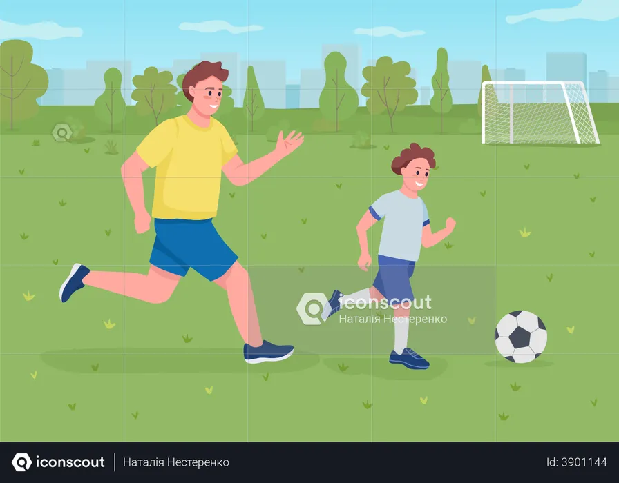 Son playing soccer with dad  Illustration