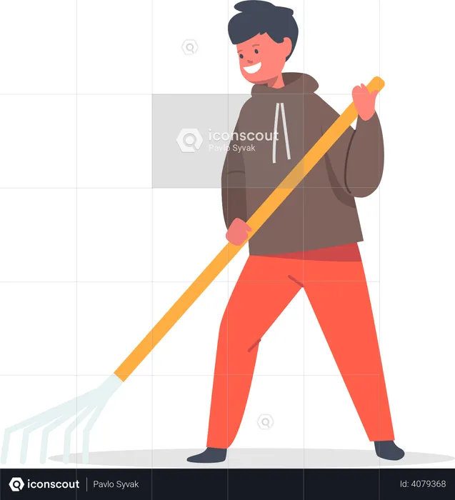 Son sweeping garden with rake  Illustration