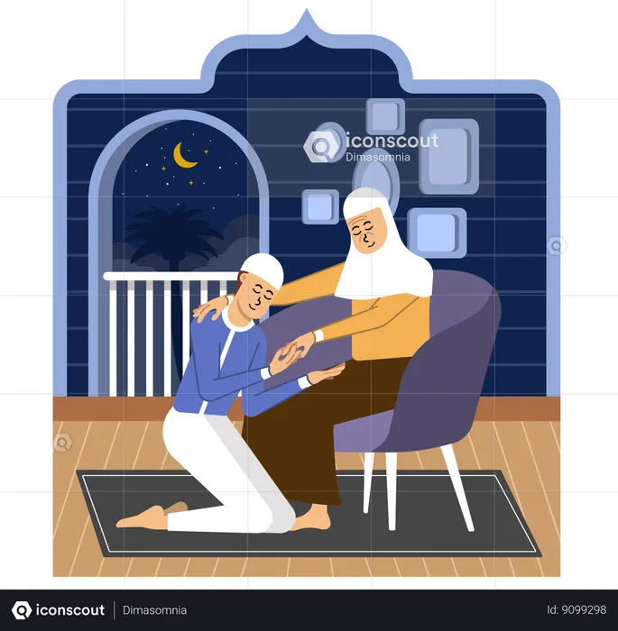 Son Tender Gesture of Seeking Forgiveness from His Mother on Eid al-Fitr Day  Illustration