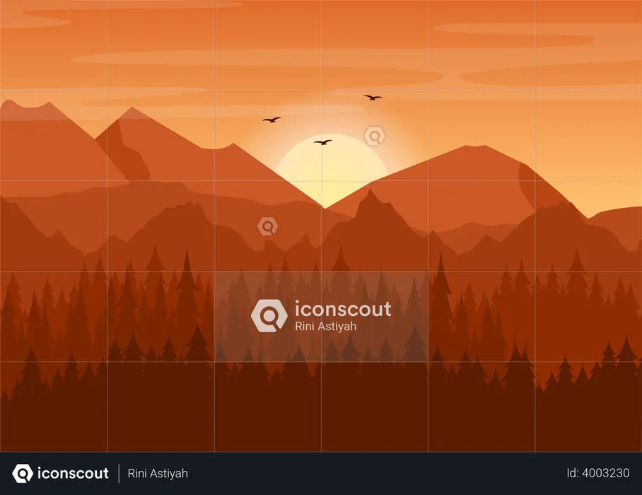 Sonnenuntergang im Waldtal  Illustration