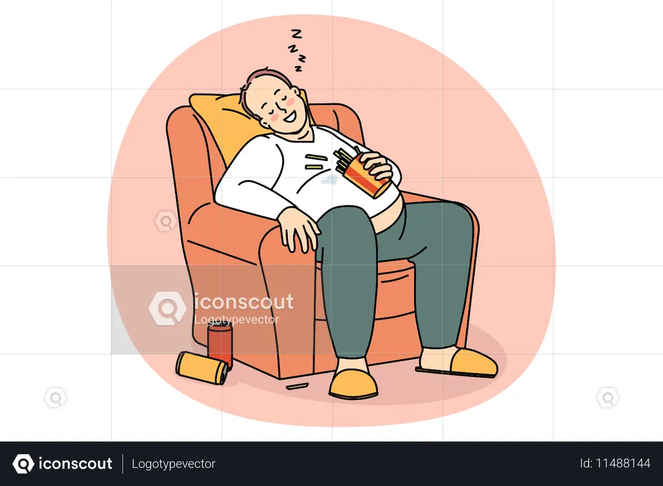 Homem gordo sorridente acima do peso sentado cochilando na poltrona depois de beber refrigerante e comer batatas fritas  Ilustração