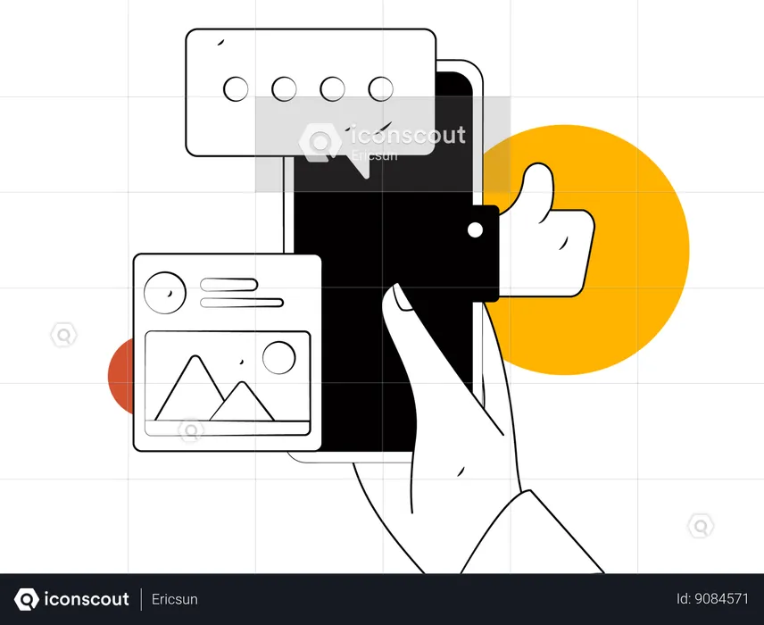 Sostener el móvil mientras mira un comentario en línea  Ilustración
