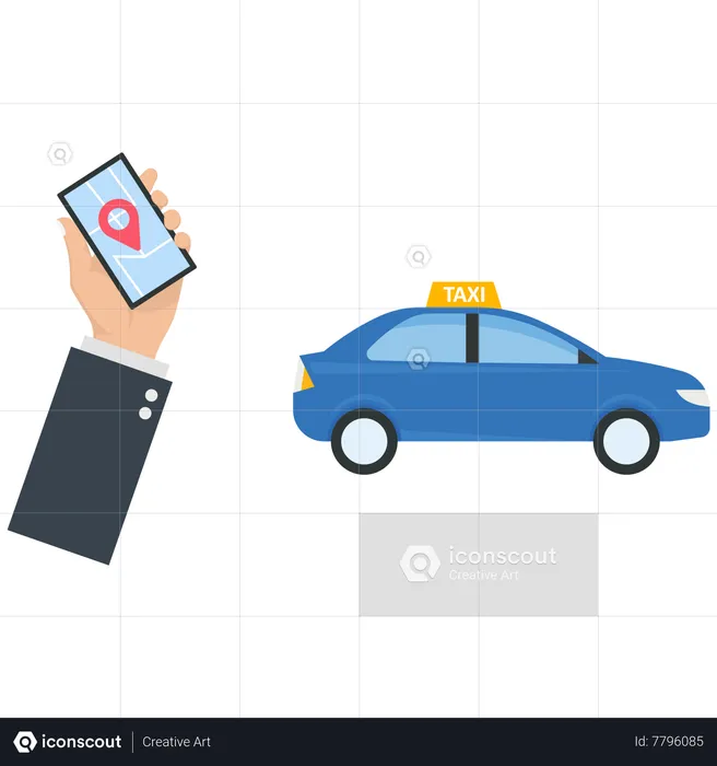 La mano sostiene un teléfono móvil para llamar a un taxi.  Ilustración