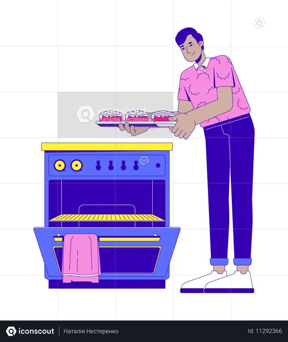 South asian man taking cinnamon rolls out of oven  Illustration