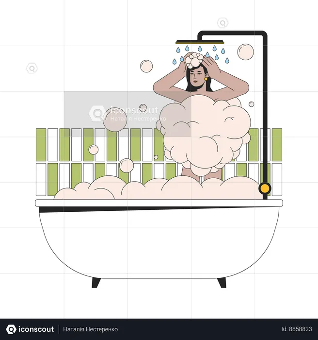 South asian woman showering in bathtub  Illustration