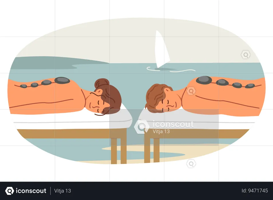 SPA al aire libre y masaje con piedras calientes para hombre con mujer tumbada en el mar y disfrutando de una terapia de rejuvenecimiento  Ilustración