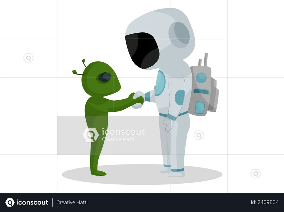 Spaceman handshaking with alien  Illustration