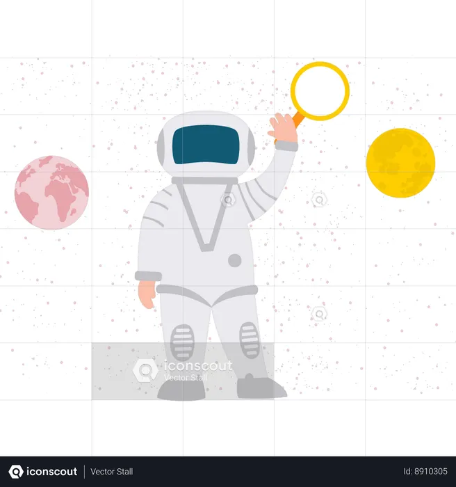 Spaceman Holding Magnifying Glass  Illustration