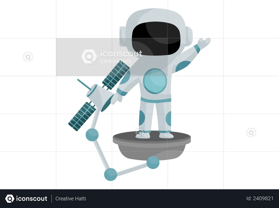 Spaceman holding satellite in his hand  Illustration