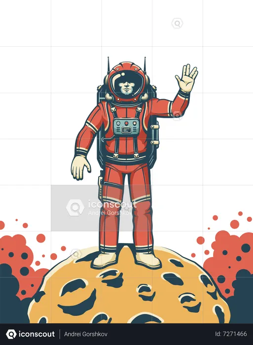 Spaceman in red space suit on Moon  Illustration