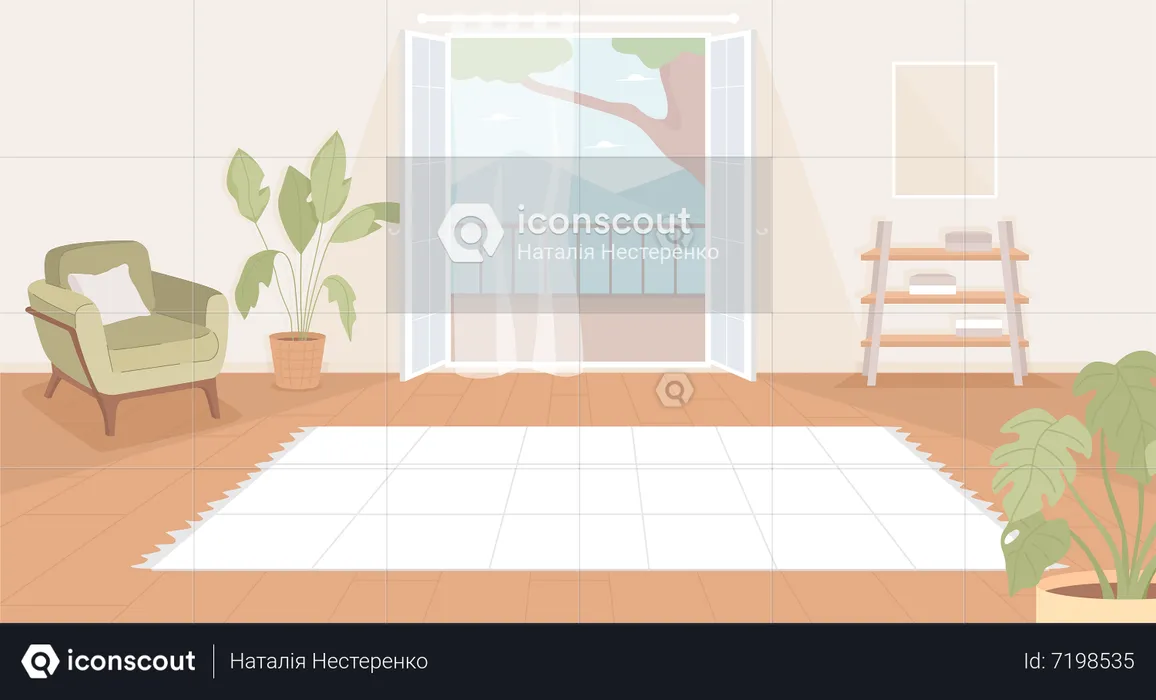 Spacious living room with yoga blanket  Illustration