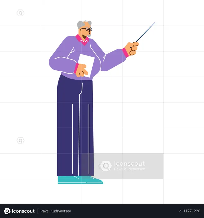 Speaker pointing at presentation graphs and showing report  Illustration
