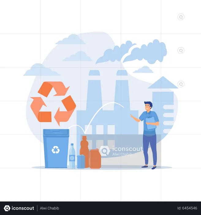 Specialist at plant recycling plastic into raw material  Illustration