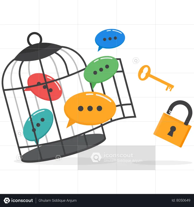 Speech bubbles with key free himself from cage  Illustration